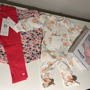 Baby Infant Girl NWT peach sleeper, onsie with tutu and Pink Palm Tree Pant Set